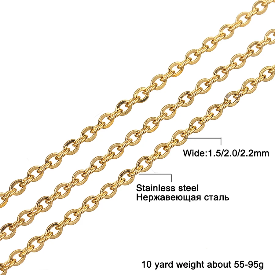 SAUVOO 10 Yard  Stainless Steel Cross Chain 1.5mm 2.0mm 2.5mm Gold Color Bulk Rolo Cable Chain for DIY Jewelry Making Findings