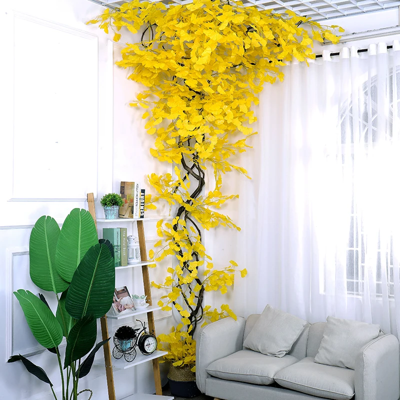 

12pc/lot Artificial Leaves golden ginkgo Fake Leaf Bouquet Flower for wall decor plants wedding Home Decor plastic tree branches