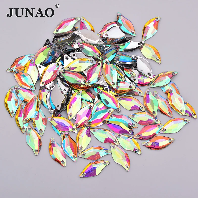 JUNAO 9*20mm Sew On Crystal AB Horse Eye Rhinestone Flatback Resin Gems Fancy Sewing Crystal Stones for DIY Needlework