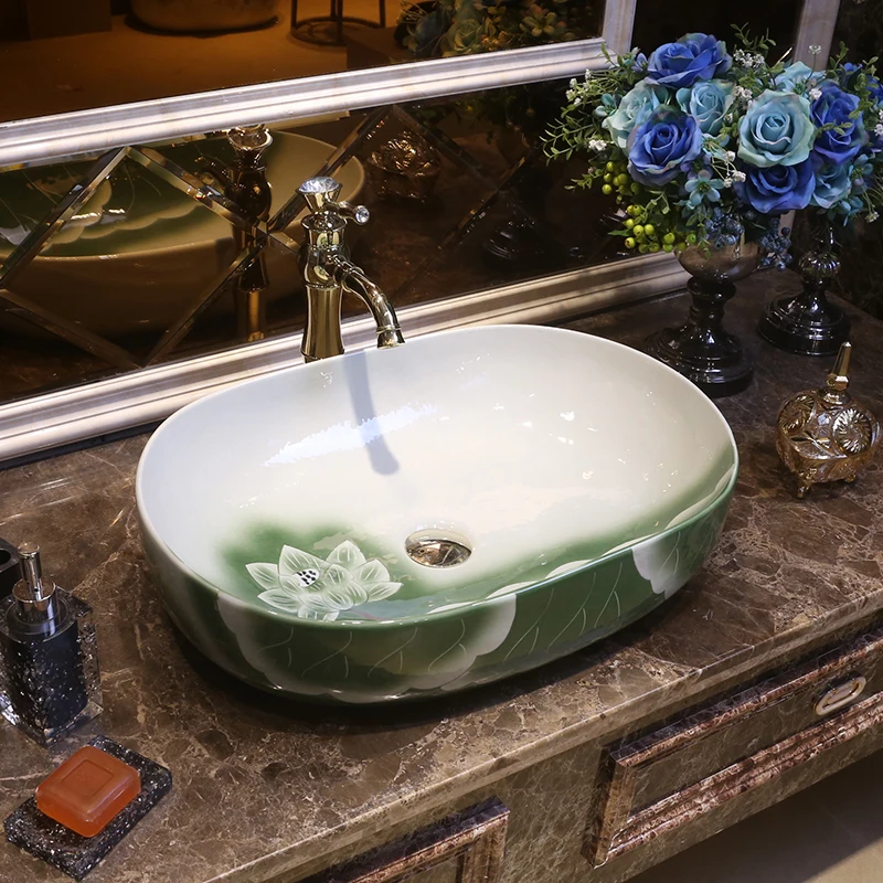 

China Artistic Porcelain Handmade Porcelain Lavabo Bathroom Vessel Sinks ceramic wash basin bathroom wash hand basins lotus oval