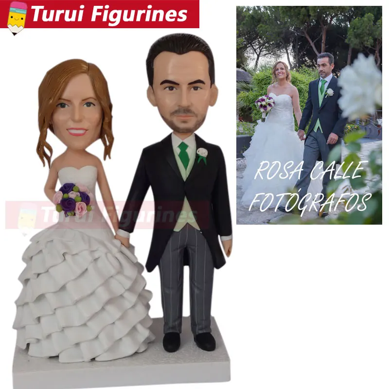 Two people getting married bride holding a flower wedding cake topper figurines custom bobblehead for wedding couple home decor