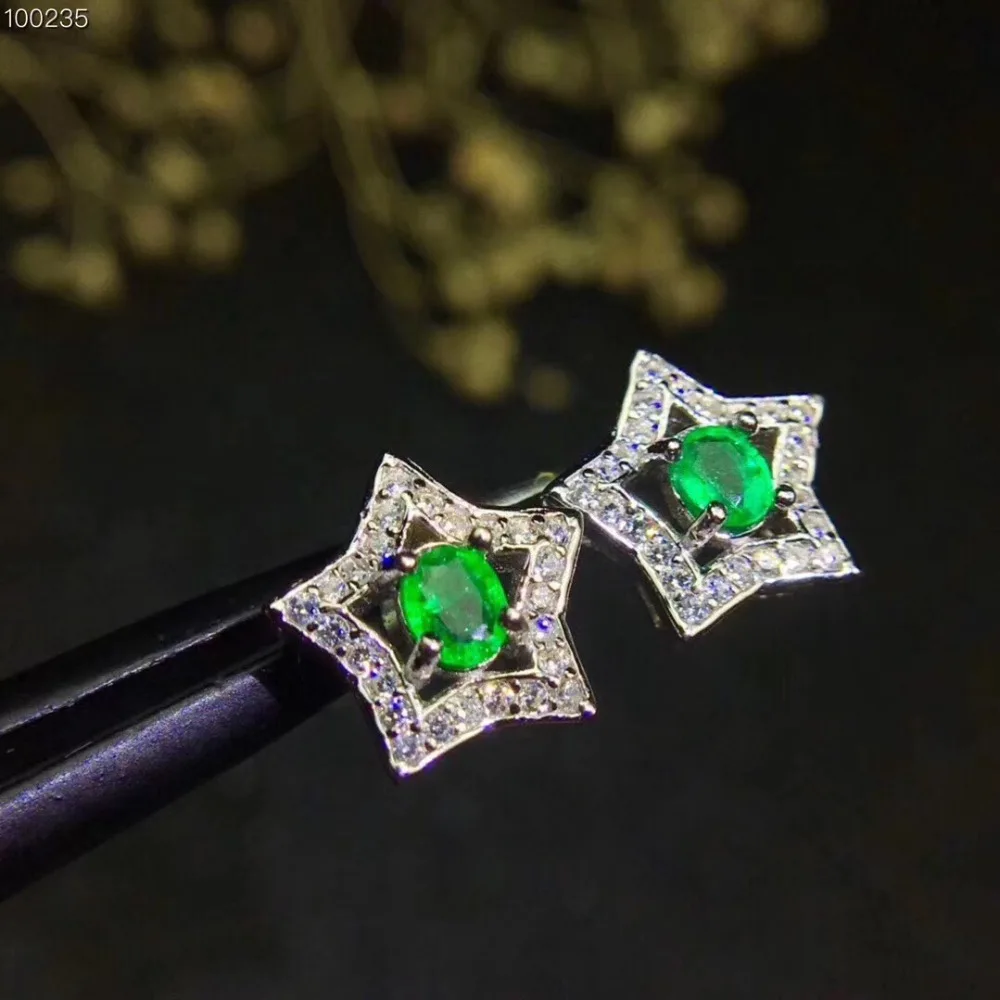 Star Style  Natural emerald earring Free shipping Real original emerald 925 sterling silver Gem 4*5mm 2pcs