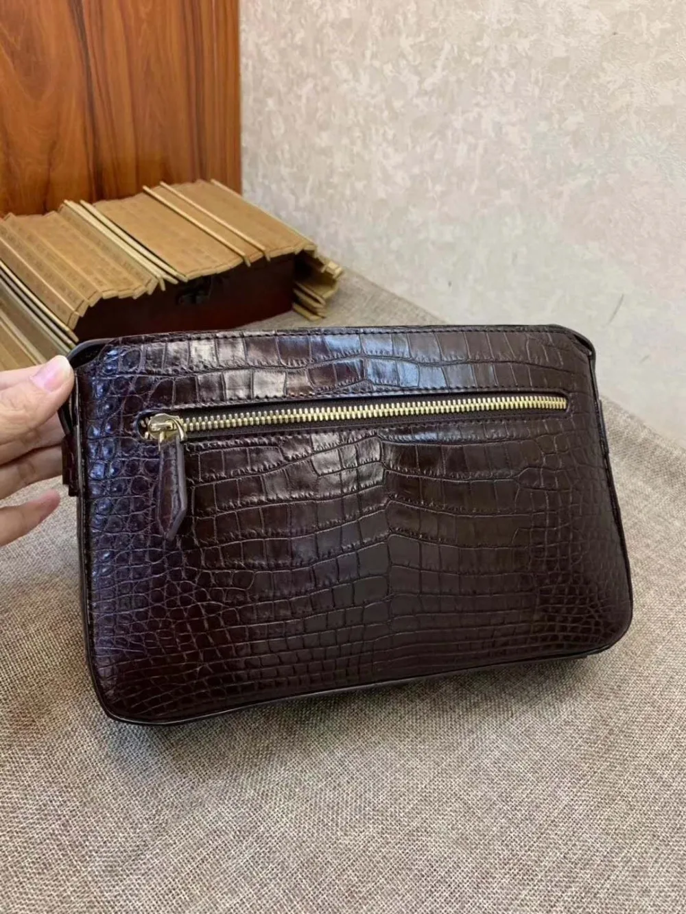 Real genuine crocodile head skin big size men wallet clutch with inner cow skin lining double zips closure men business holder