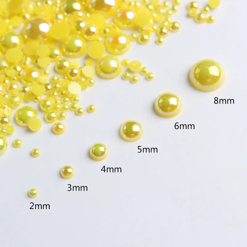 ABS Half Round Flatback Pearls Lemon Yellow AB Color Mix Size 2mm/3mm/4mm/5mm/6mm/8mm 15g Beads Diy Accessories Free shipping