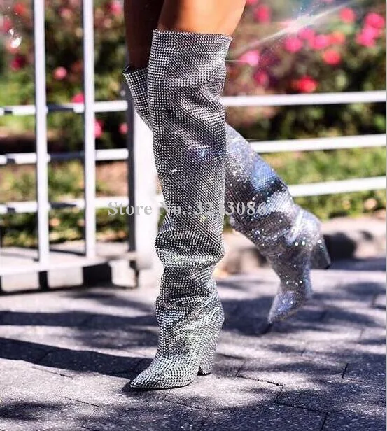 New Glitter Spike Heels Crystal Knee High Woman Long Boots Bling Rhinestone Knight Boots Sexy Pointed Toe Shinning Lady Booties