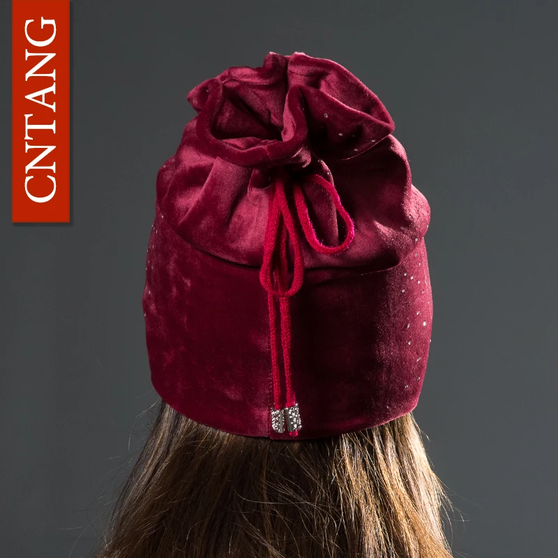 CNTANG Women Rhinestones Velvet Hats Winter Warm Fashion Tied hair Ponytail Hat For Female Autumn Flannel Caps Skullies Beanies