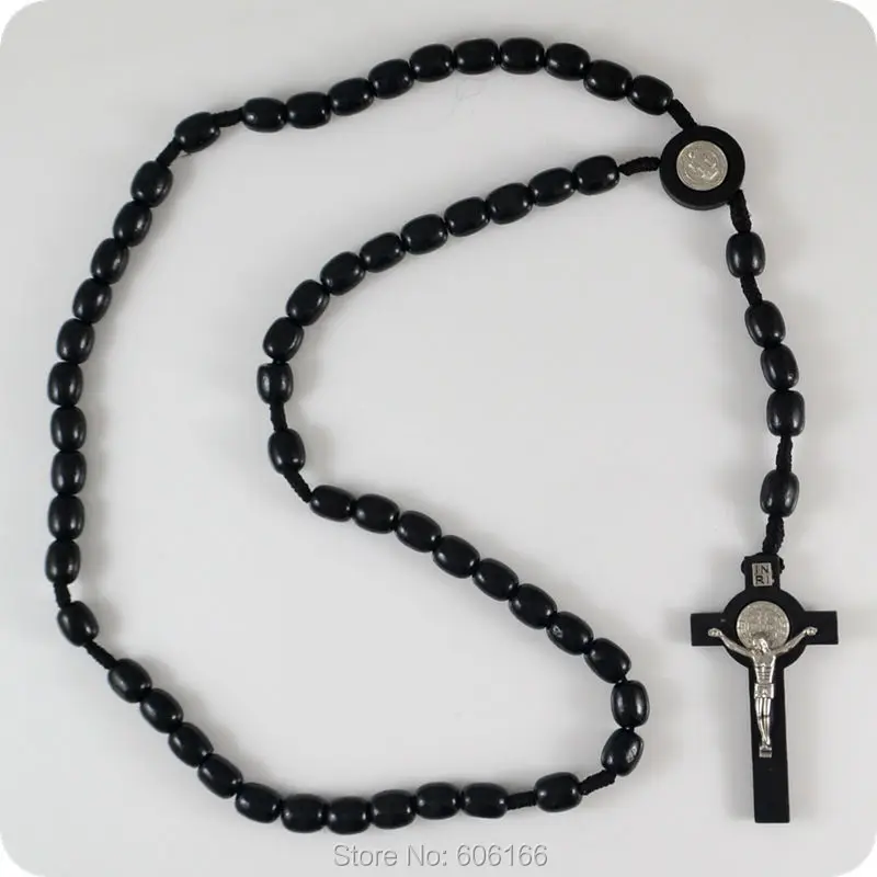 Black wood Rosary Beads Saint Benedict Medal INRI JESUS Cross Pendant Necklace Catholic Fashion Religious Jewelry