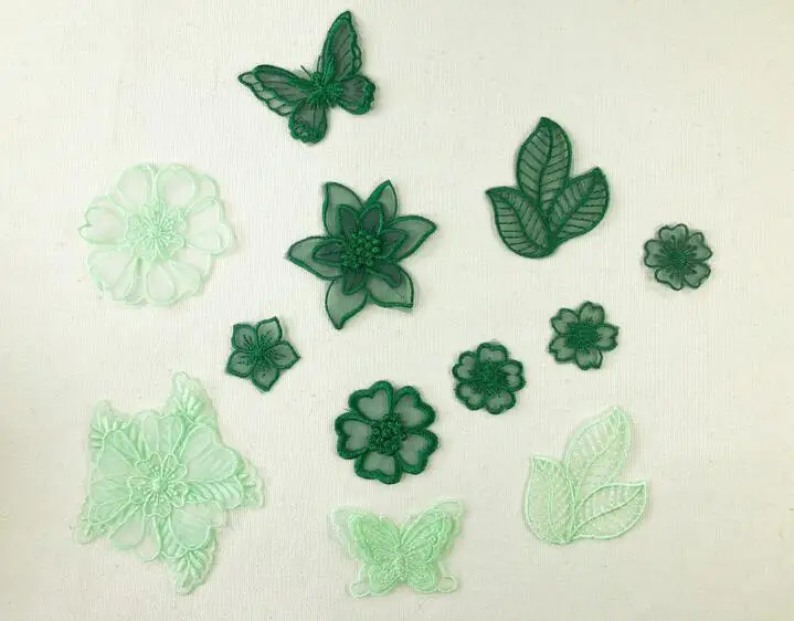 5 Pieces/lot Green Color Beautiful 3D Flower Lace Applique Butterfly Leaf Pattern Sewing Trims DIY Craft