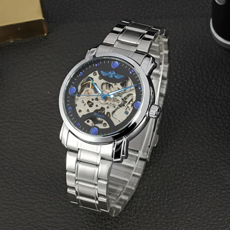 T-WINNER Sieraden Vrouwen Mechanische Montre Blauwe Naald Classic Skeleton Gear Ontwerp Volledige Staal Pols Reloj Mode Automatische Horloge