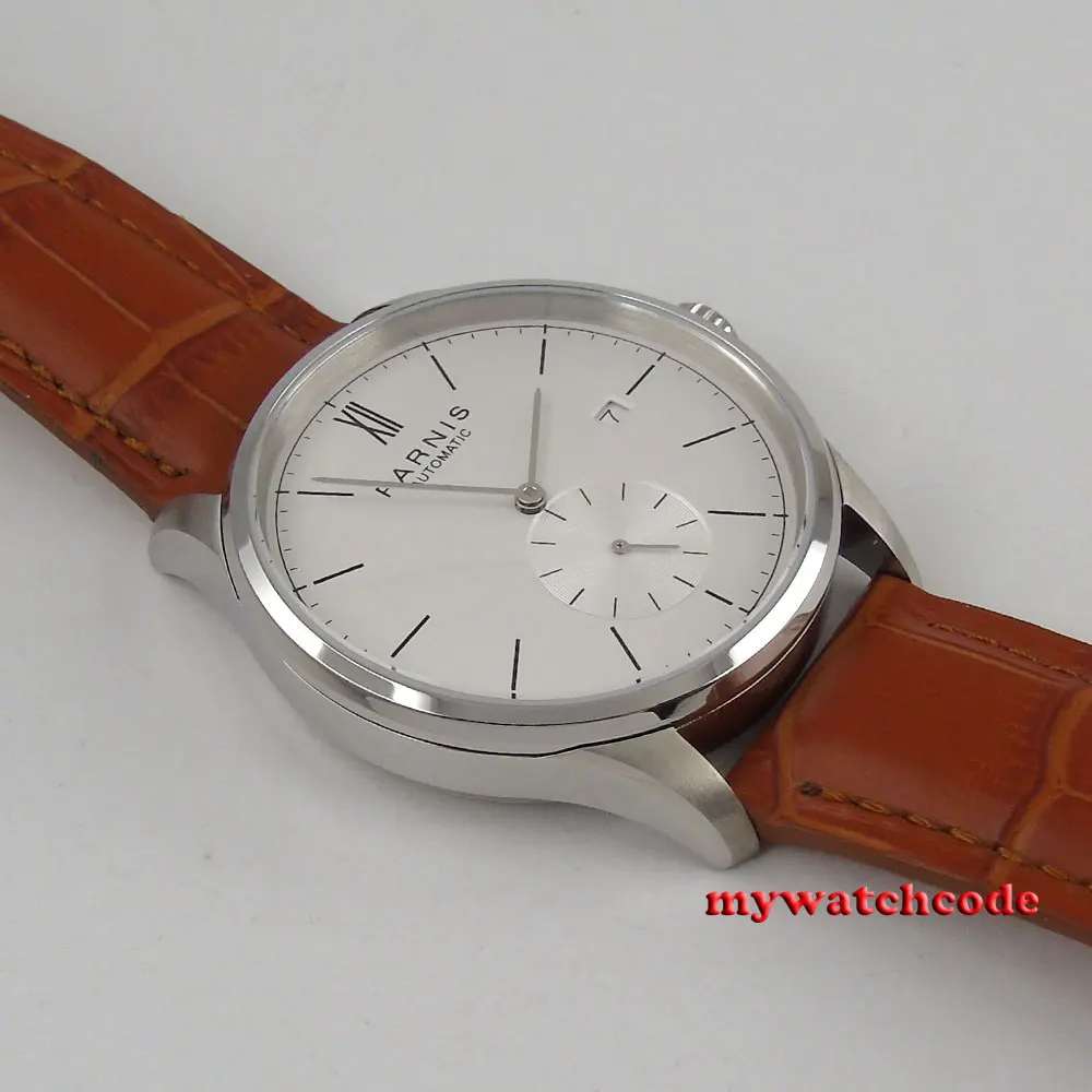 Famous Brand 42mm Parnis White Dial Date Window ST1731 Automatic Mens Watch Leather Strap Clear Case Back Simply Style