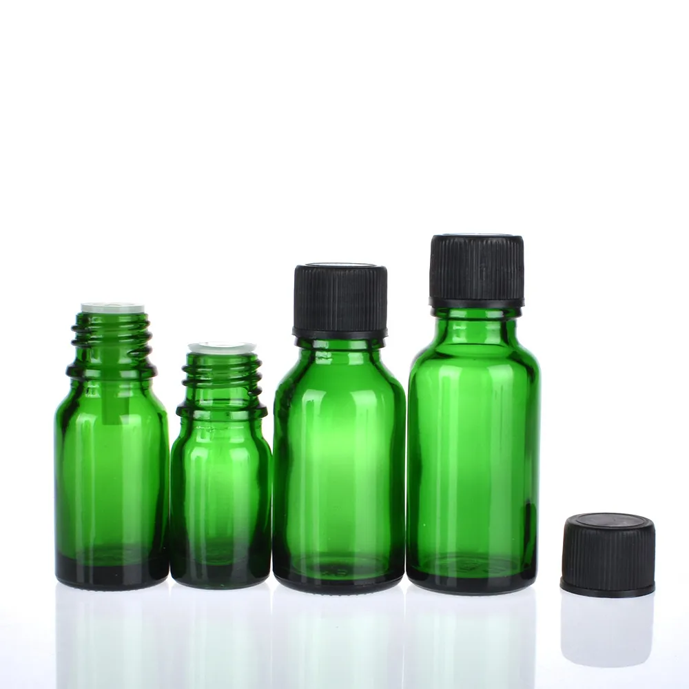 6pcs/lot 100ml 50m 30ml 20ml 15ml 10ml 5ml 1/3oz 1oz Thick Green Essential Oil Glass Bottles With Black Cap Glass Containers