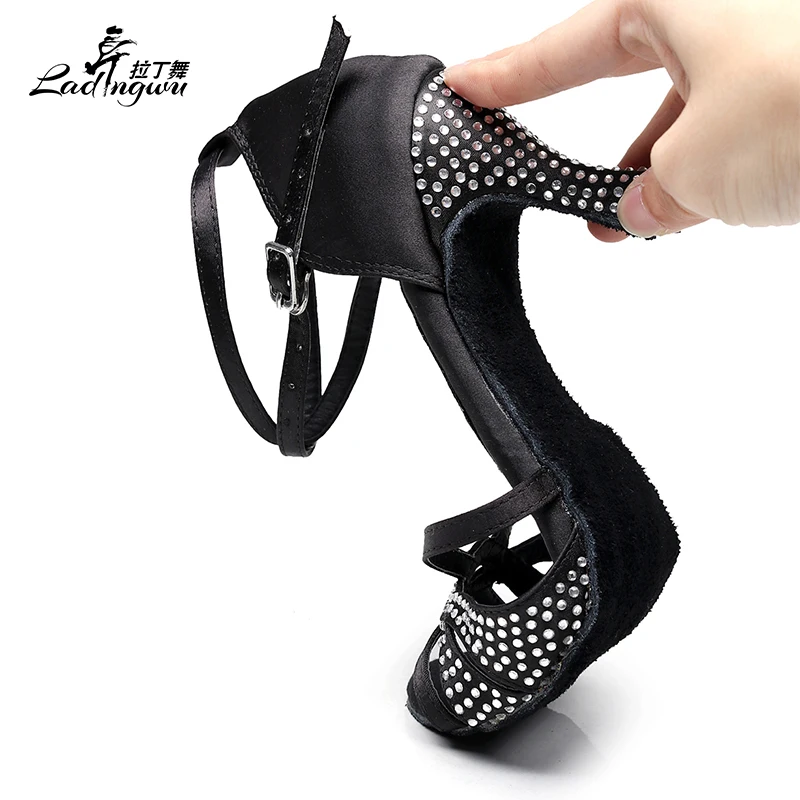 Ladingwu Shine Rhinestones Brown/Black Shoes For Women Salsa Tango Latin Dance Shoes Heels 6cm/7.5cm/8.5cm/10cm