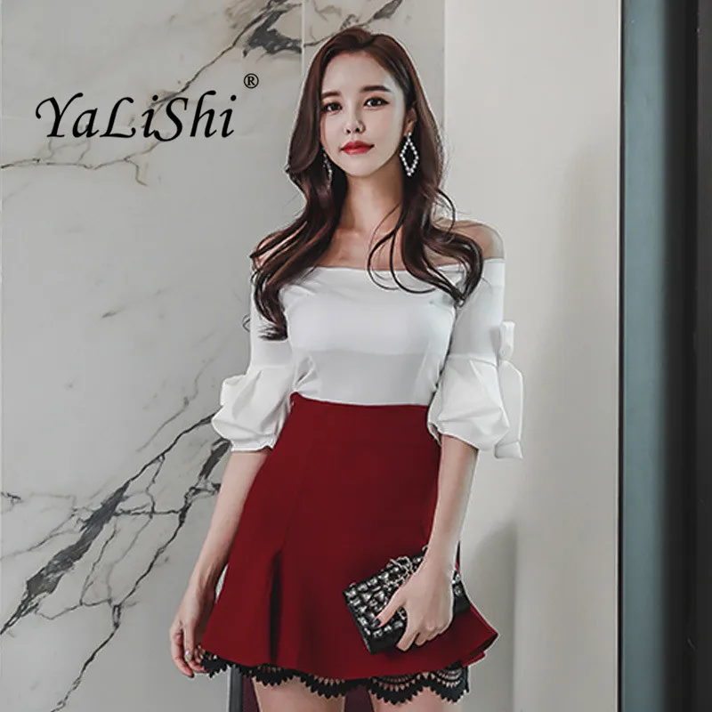 2 Piece Set Women Suit OL Set 2022 White Half Sleeve Slash Neck Blouse Shirt Tops and Mini Red Skirts Business Two Piece Set