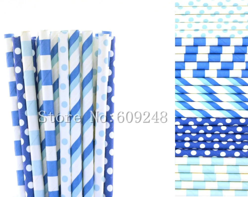 100 Pcs Sleepover Drinking Party Paper Straws Mix,Light Blue and Royal Blue Swiss Dot,Sailor Stripe,Boy Baby Shower,Birthday,Fun