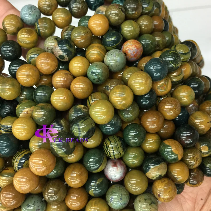 Genuine Yellow Green Rainbow Ocean Jasper Round Loose Stone Beads 4-12mm Fit Jewelry DIY Necklaces or Bracelets 15\