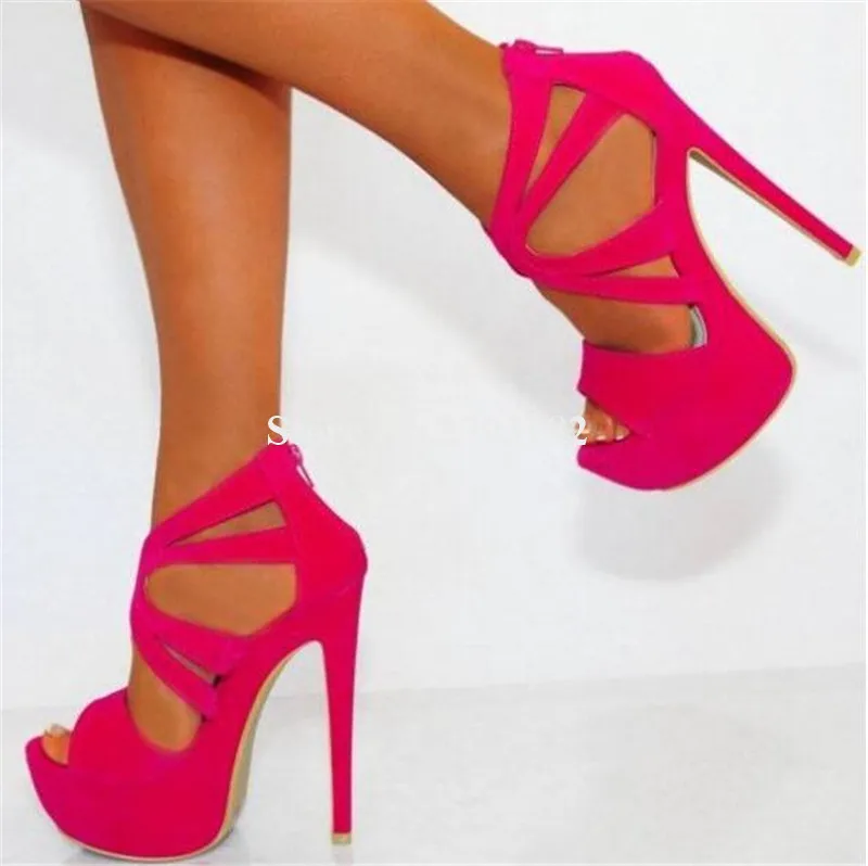Women Sexy Fashion Super High Platform Suede Leather Stiletto Heel Sandals Rose Red Back Zipper-up High Heel Sandals Dress Heels