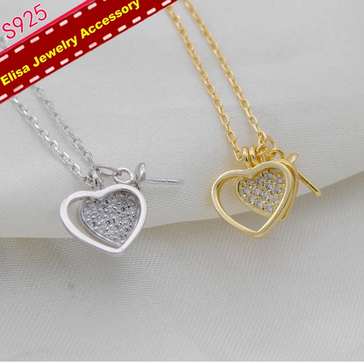 Double Hearts Pendant Necklace Holder S925 Sterling Silver Choker Settings Women DIY Chain Accessory 3Pcs/Lot