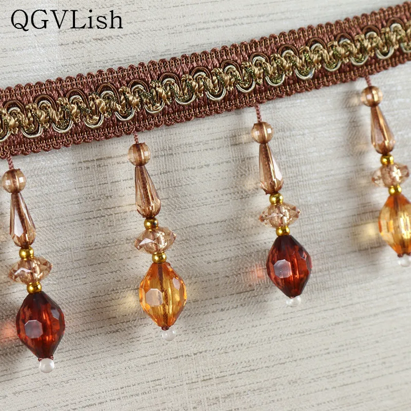 QGVLish 12M/lot Crystal Beads Curtain Tassel Fringe Lace Trim DIY Sofa Stage Lamp Lace Ribbon Belt Decor Curtain Accessories