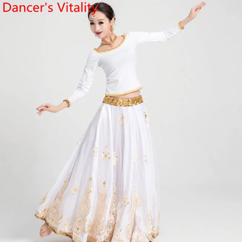 2019 New Arrival Belly Oriental Indian Dance Performance Competition Costume White Golden Set Big Hem Skirt Top Veil 3pcs Suit