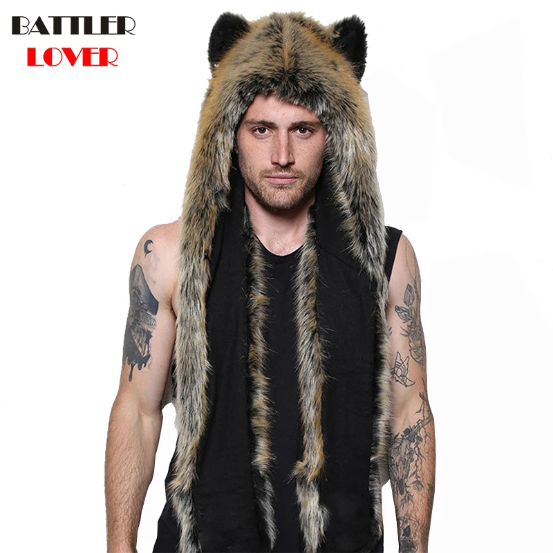 

Women/Men Winter Faux Fur Hood Animal Hat Ear Flaps Hand Pocket Scarf Hood Hat Wolf Plush Warm Animal Cap with Fur Scarf Gloves