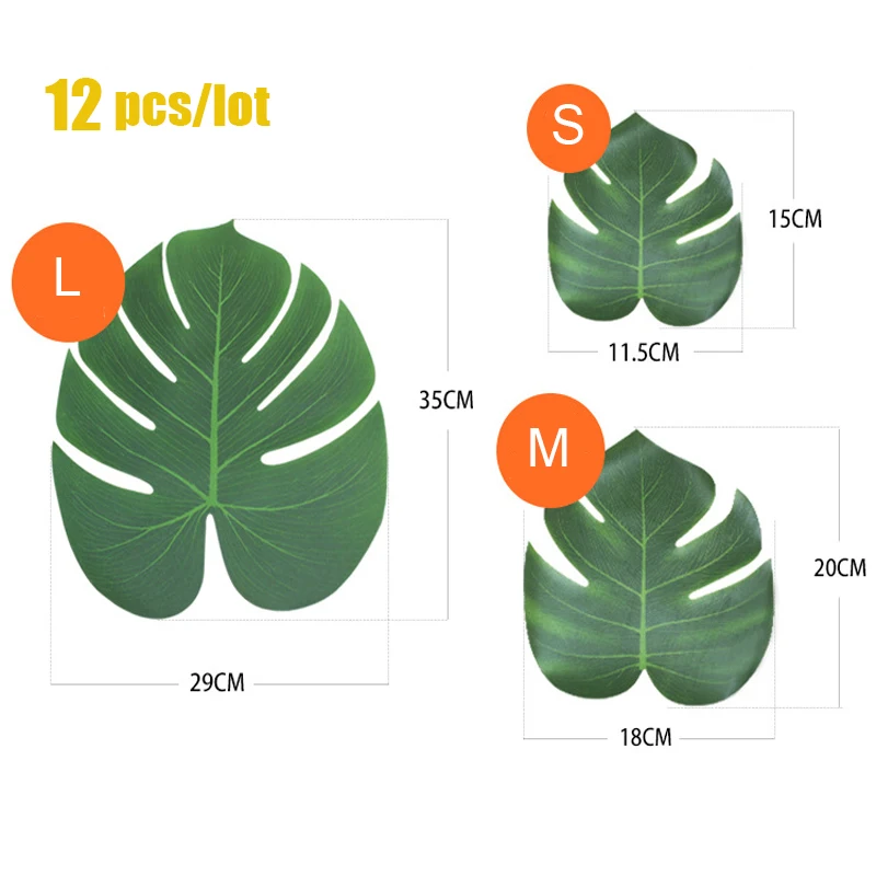 열대 야자수 잎 인공 잎 장식 웨딩 장식 녹색 정글 식물 잎 하와이 루아 홈 파티 장식, 12 개
