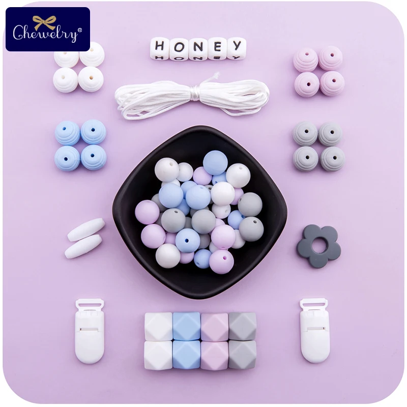 1set Baby Silicone Teether DIY For Nursing Necklace Food Grade Perle Silicone Beads Teething Nipple Holder Customizable Name Toy