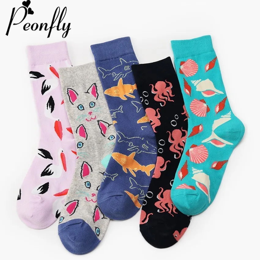 Peonfly Grappige Vrouwen Sokken Gezellige Katoenen Korte Sokken Originaliteit Zeevruchten Animal Shark Octopus Shell Kat Gelukkig Mannelijke Sokken