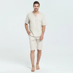 Men and Woen Unisex Ramie and Cotton Sumer and Spring  Short Top Sleepwear Home Wear Loungewear pajama Sets with Long Pants