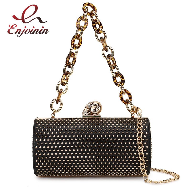 

Punk Fashion Dazzling Studded Rivets Pu Women Acrylic Chain Handbag Party Clutch Bag Evening Bag Female Shoulder Bag Purse Bolsa