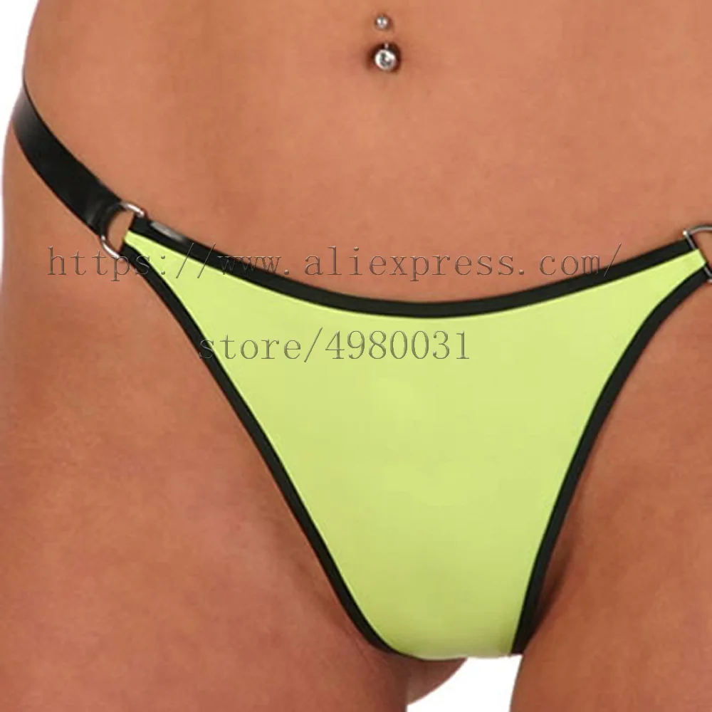 

Novelty latex T-back women's latex briefs in yellow with black trim colors