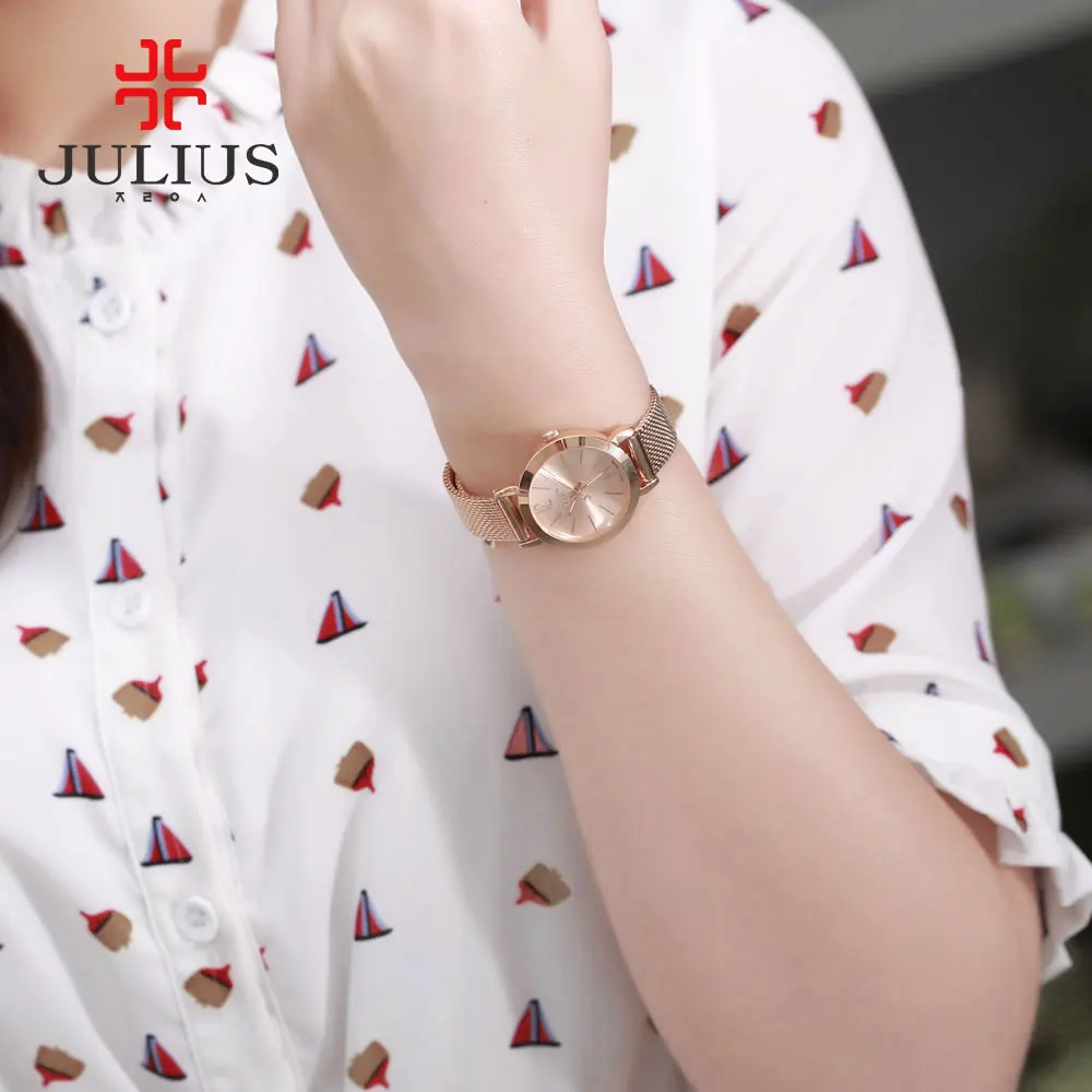 JULIUS JA-732 Female Women\'s Silver Rose Gold Tone Mesh Stainless Steel Quartz Analog Waterproof Fashion Watch Casual Wristwatch