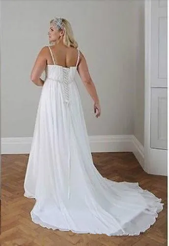 Plus Size Casual Beach Wedding Dresses 2020 Spaghetti Straps Beaded Chiffon Floor Length Empire Waist Elegant Bridal Gowns