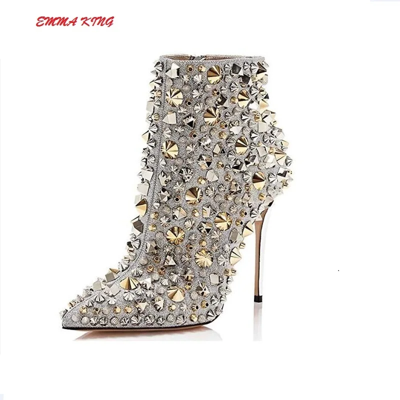 Stivaletti Sexy con tacco a spillo da donna rivetti completi con borchie tacchi alti scarpe firmate di lusso da donna stivali Punk con punta a punta