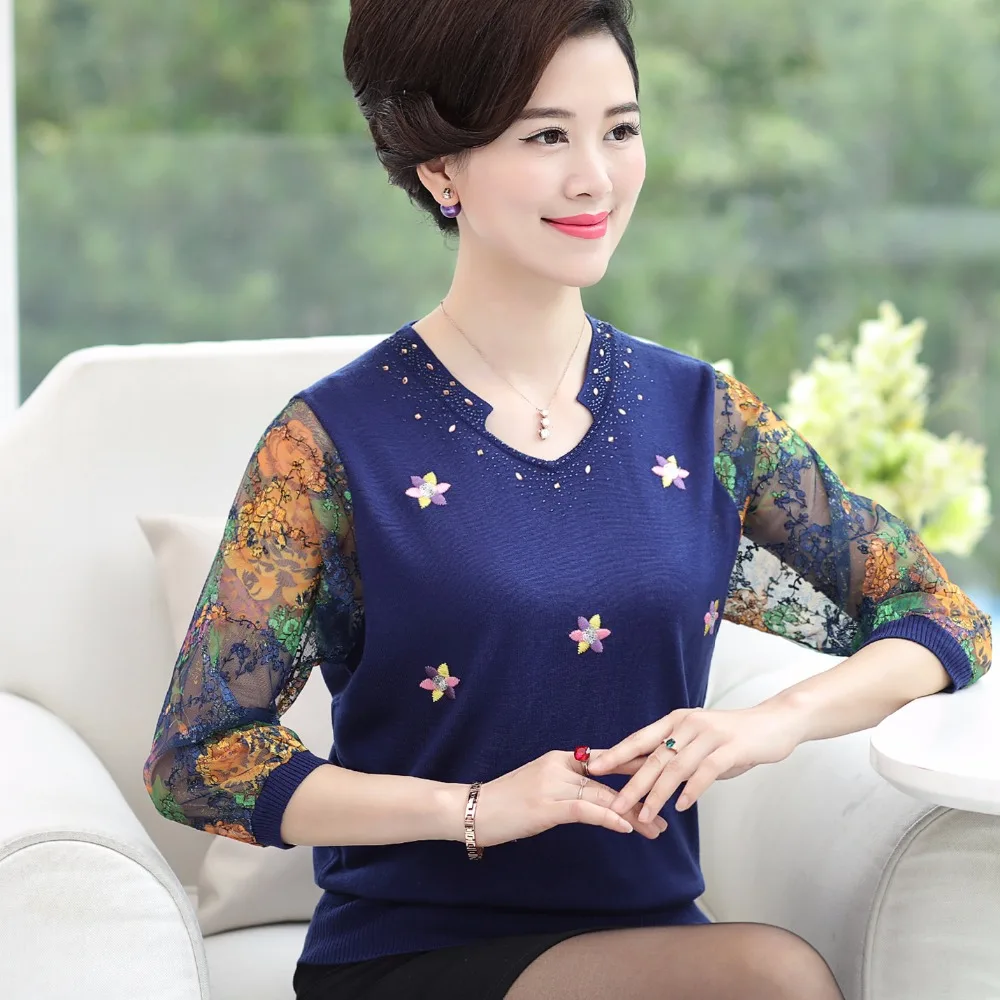 Women\'s floral blouse elegant lace sleeve shirt spring summer ladies embroidery knit blouse tops