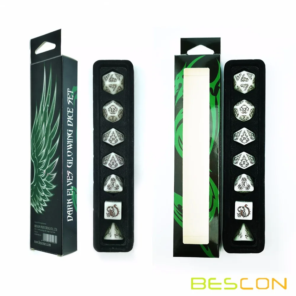 BESCON DARK ELVES Glowing Dice Set (7 piece), Oversized GLOW IN DARK Carved Role Playing Games RPG Dice Set