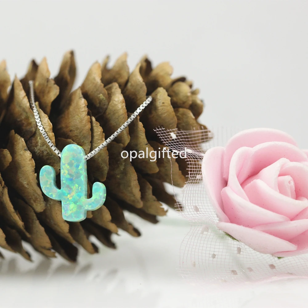 1pc Free Shipping Synthetic op03 Mint cactus shape opal necklace with 925 silver box chain fashion jewelry for Girl Gift