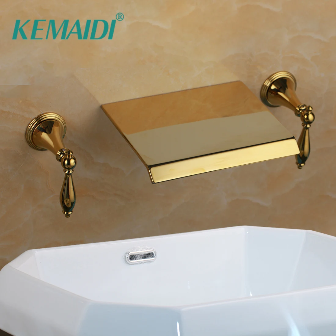 

KEMAIDI Bathtub Faucet Waterfall Spout Deck Support Mixer Tap Hot and Cold Water Ceramic Valve Faucet 3 pcs Golden Faucets