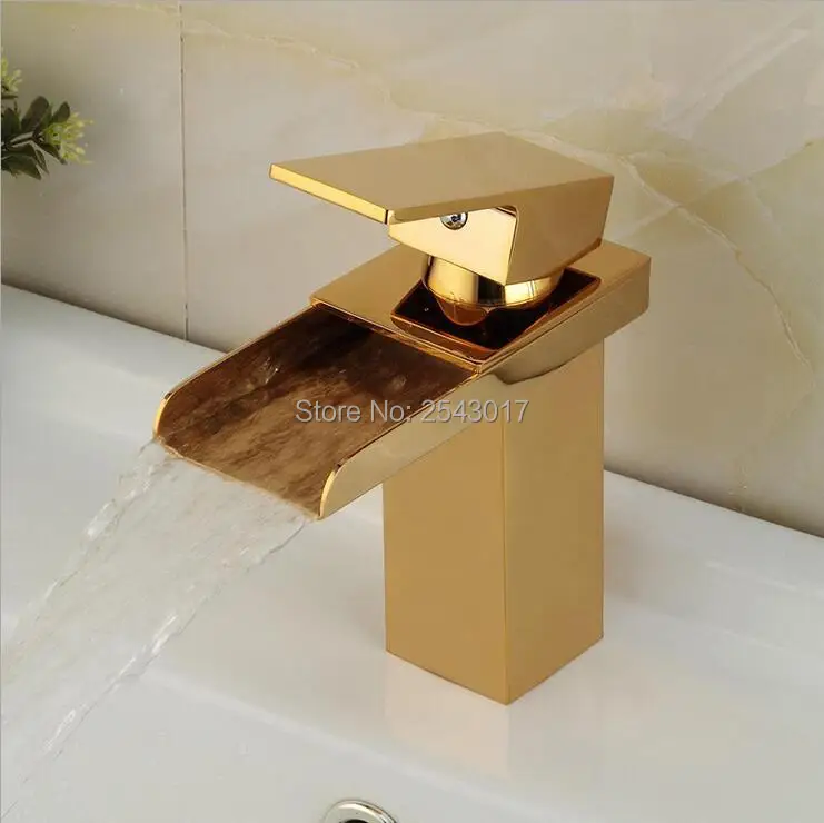 

Solid Brass Golden Waterfall Faucets Bathroom Basin Mixer Taps Gold Color Deck Mounted Hot and Cold Water Faucet ZR502