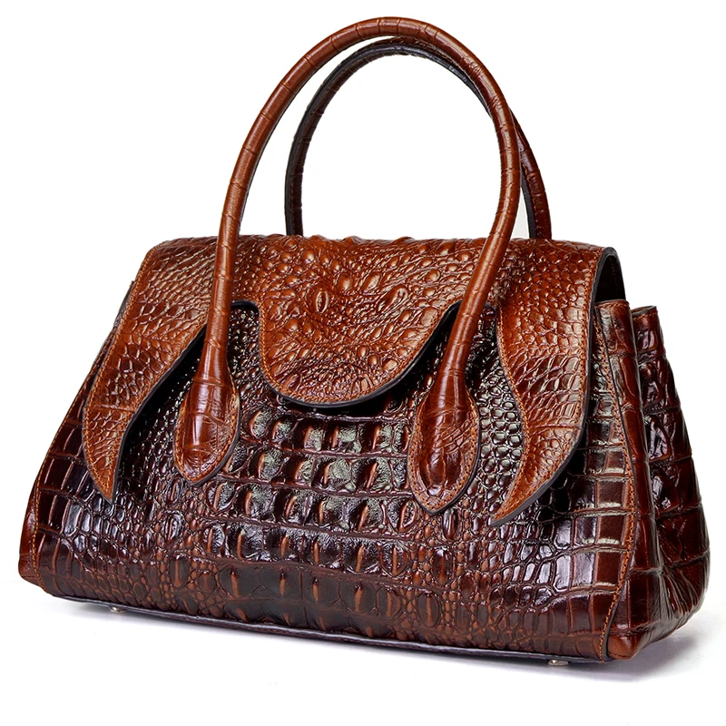 

Women Shoulder Top Handle Bags Crocodile Pattern Retro Briefcase 100% Genuine Oil Wax Leather Cross Body Messenger Tote Handbag