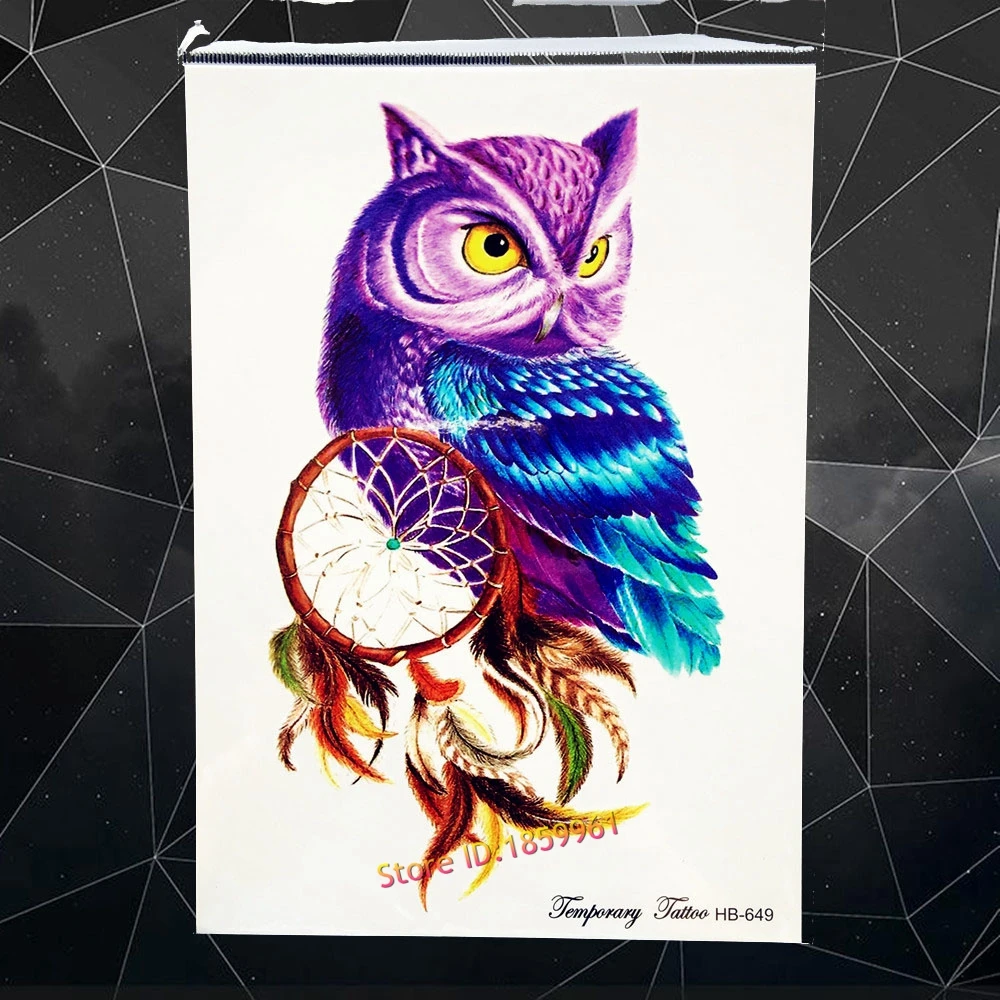 

Gold Eye Blue Owl Temporary Tattoo Stickers WOmen Fake Flash Tatoo 21x15CM Dream Catcher Henna Waterproff Tattoo Paste Feather