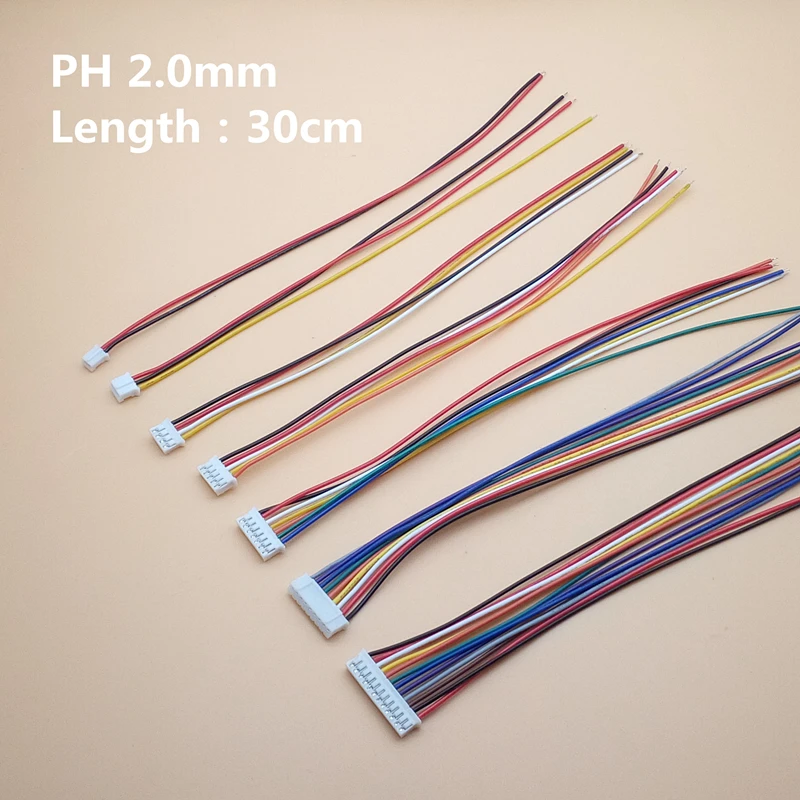 20pcs/Lot JST PH 2.0 2/3/4/5/6/7/8/9/10 Pin Pitch 2.0mm Connector Plug Wire Cable 30cm Length 26AWG