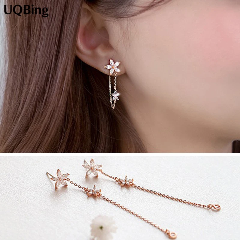 Korean Crystal Flower Asymmetry 925 Sterling Silver Stud Earrings Jewelry Pendientes Brincos Fashion Jewelry