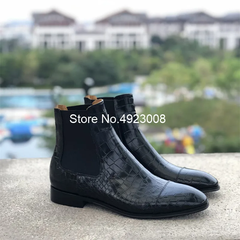 Genuine Leather Boots Women Black Low Heel Winter Shoes Boots Woman Square Toe Chelsea Boots Alligator Pattern New Ankle Boots