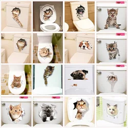 Cute Cat Dog Toilet Stickers Home Decoration Diy Funny Cartoon Animal Wc Mural Art Vivid 3d Kitten Puppy Safari Pvc Wall Decal