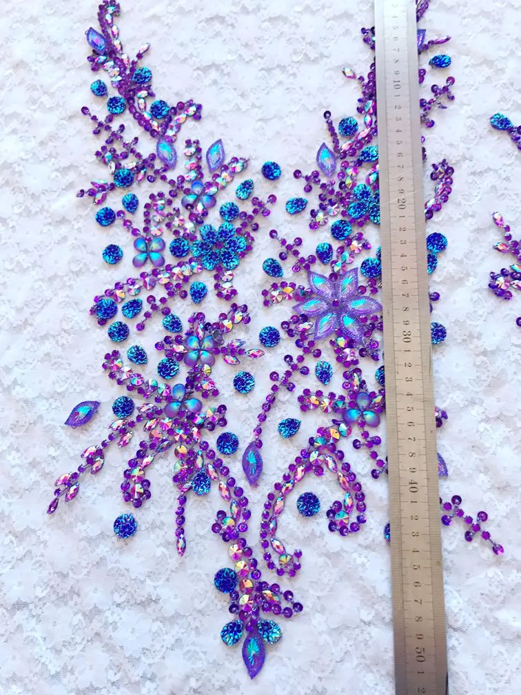 handmade  crystal patches sew on purple rhinestones applique on mesh trim for dress front and back