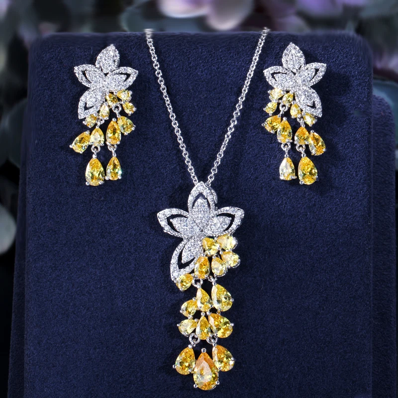 CWWZircons 2026 Neuheit Kubische Zirkonia Quasten-Blumen-Ohrringe und Anhänger-Halskette Modische Damen-Schmucksets T334 – Detail 1