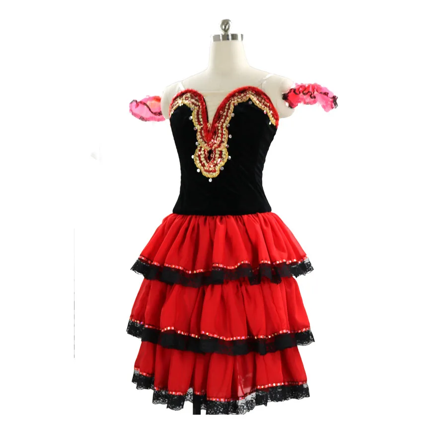 Don Quixote Performance Pancake Tutu Dress Long Lace Sleeves Spanish Ballet Stage Costume Red Black Professional Ballet Tutu