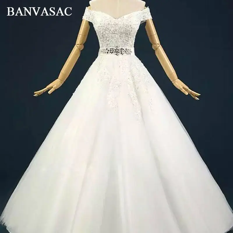 BANVASAC, nuevos vestidos de novia de lujo bordados con cuello en V, manga corta, satén, cristales, faja, encaje, vestidos de baile nupciales