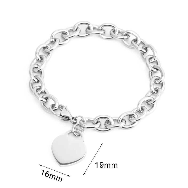 Stainless Steel women bracelet JEWELRY heart tag bracelet Rolo cable femme with tags bangle for couples Chain & Link Bracelets