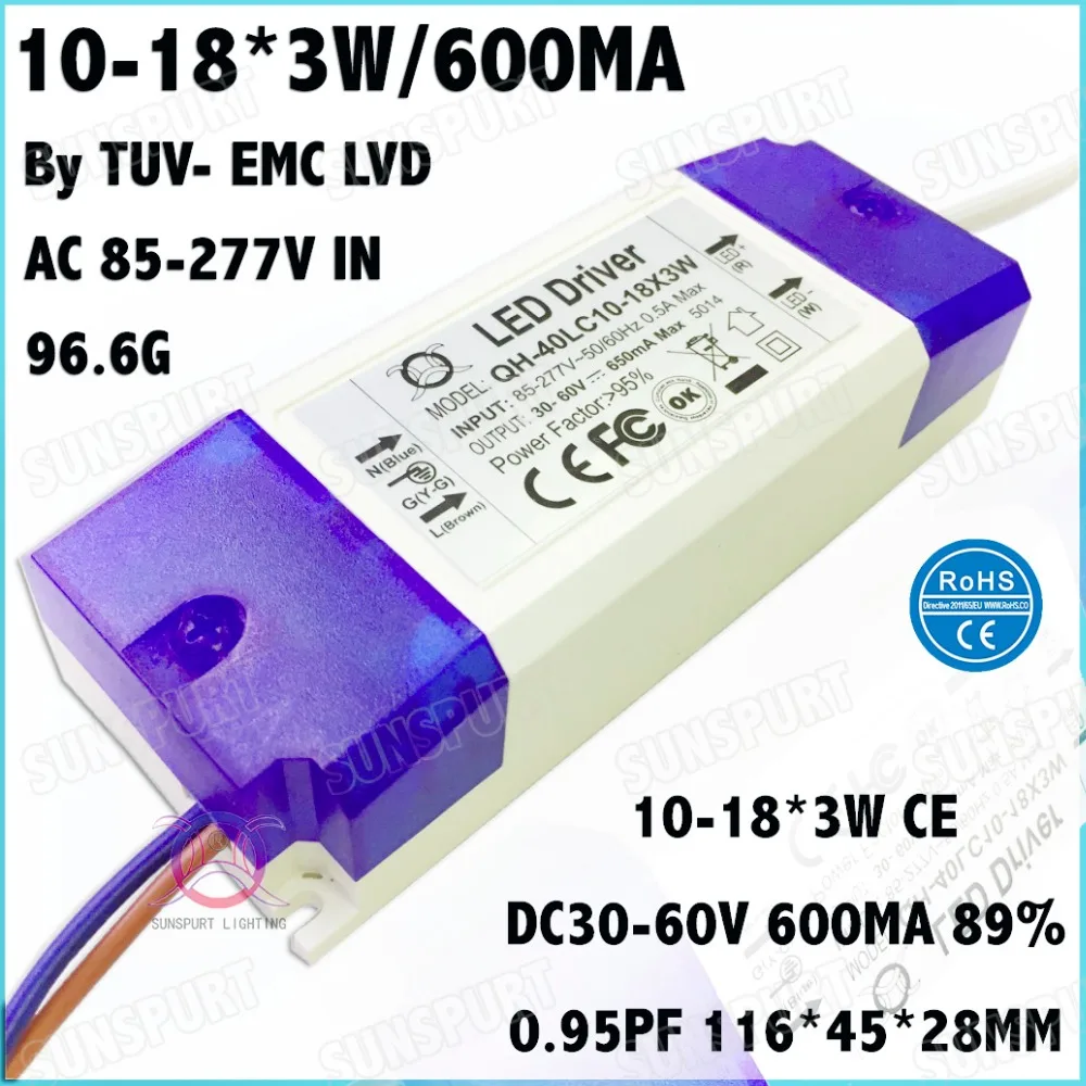 3 Pcs By TUV-CE Box 40W AC85-277V LED Driver 10-18x3W 600mA DC30-60V Constant Current LED Power For LED Spotlight Free Shipping